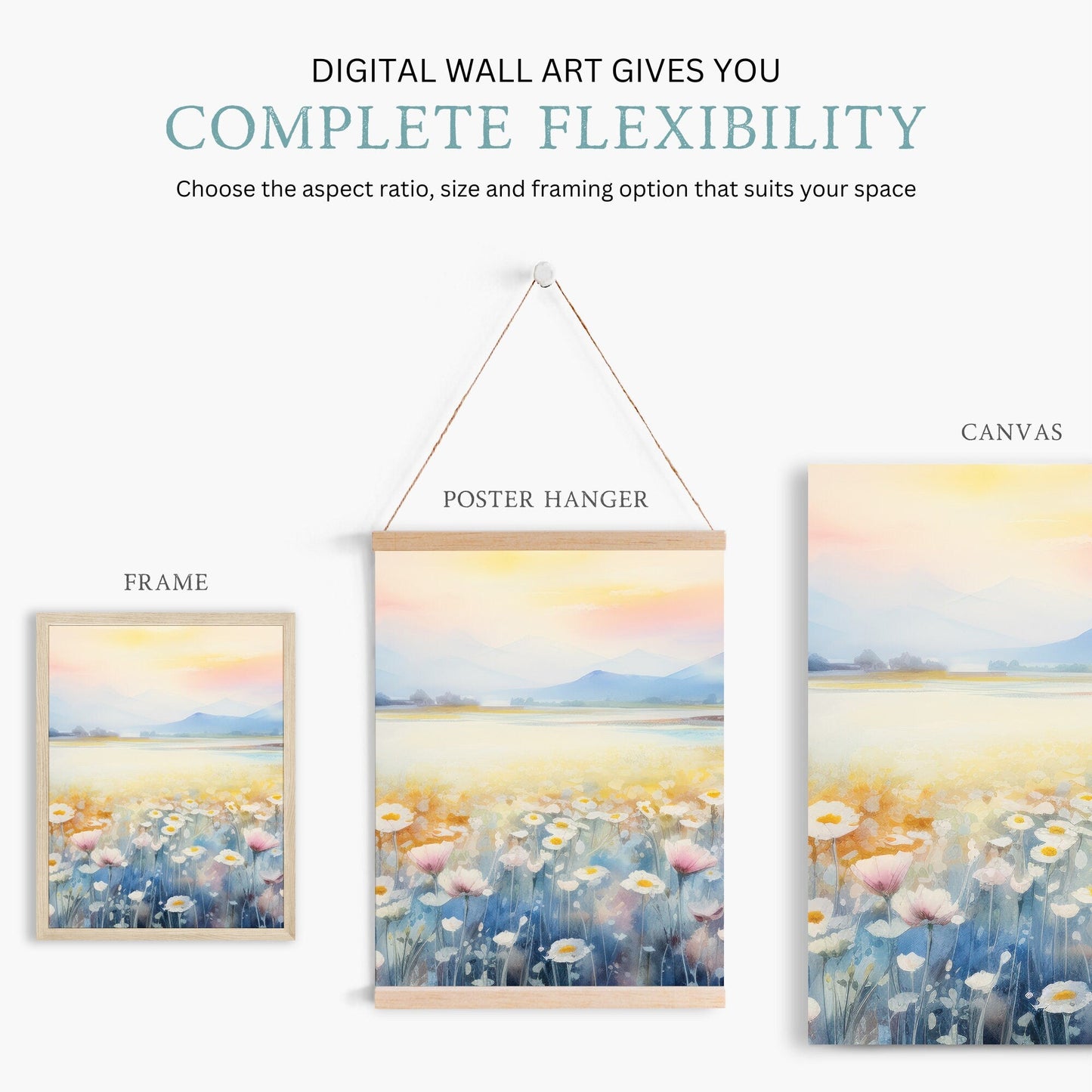 Tranquil Daisy Field Print, Watercolor Vintage Landscape, Muted Colors - WildfieldPrints
