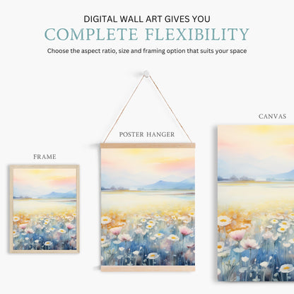 Tranquil Daisy Field Print, Watercolor Vintage Landscape, Muted Colors - WildfieldPrints