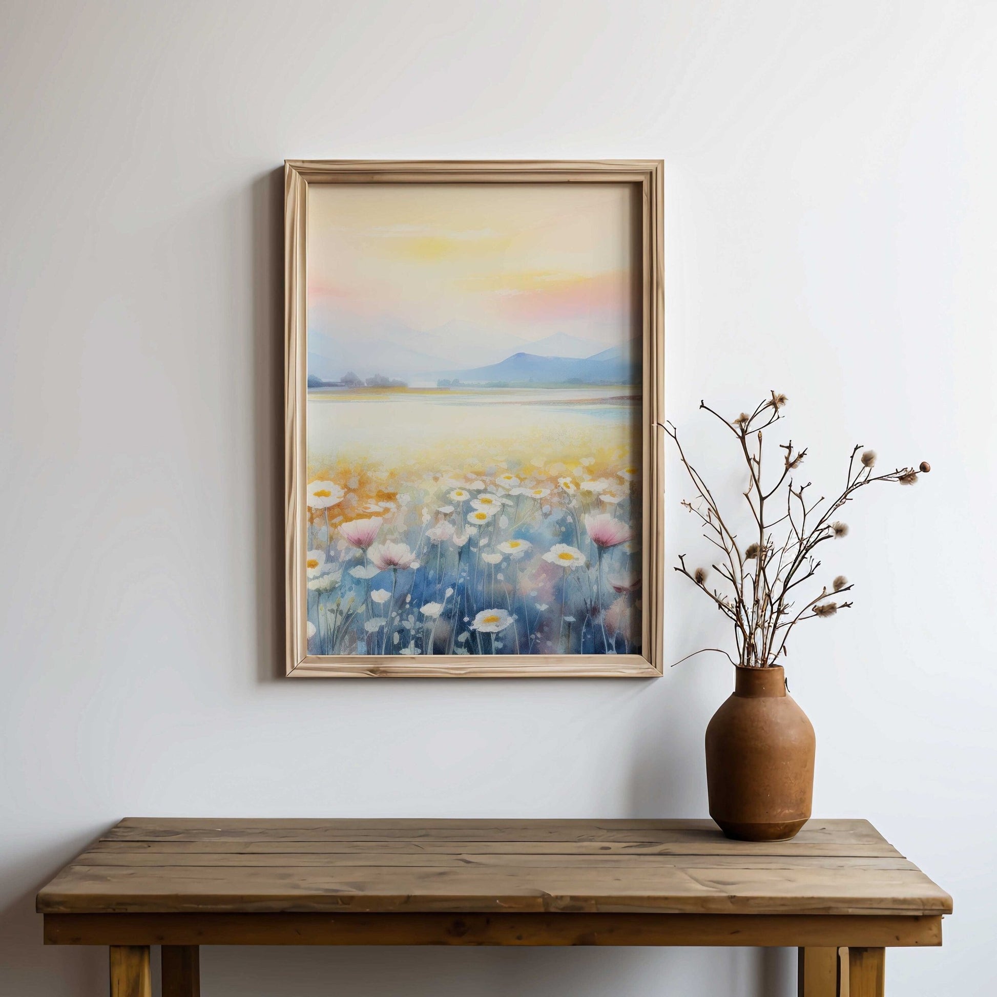 Tranquil Daisy Field Print, Watercolor Vintage Landscape, Muted Colors - WildfieldPrints