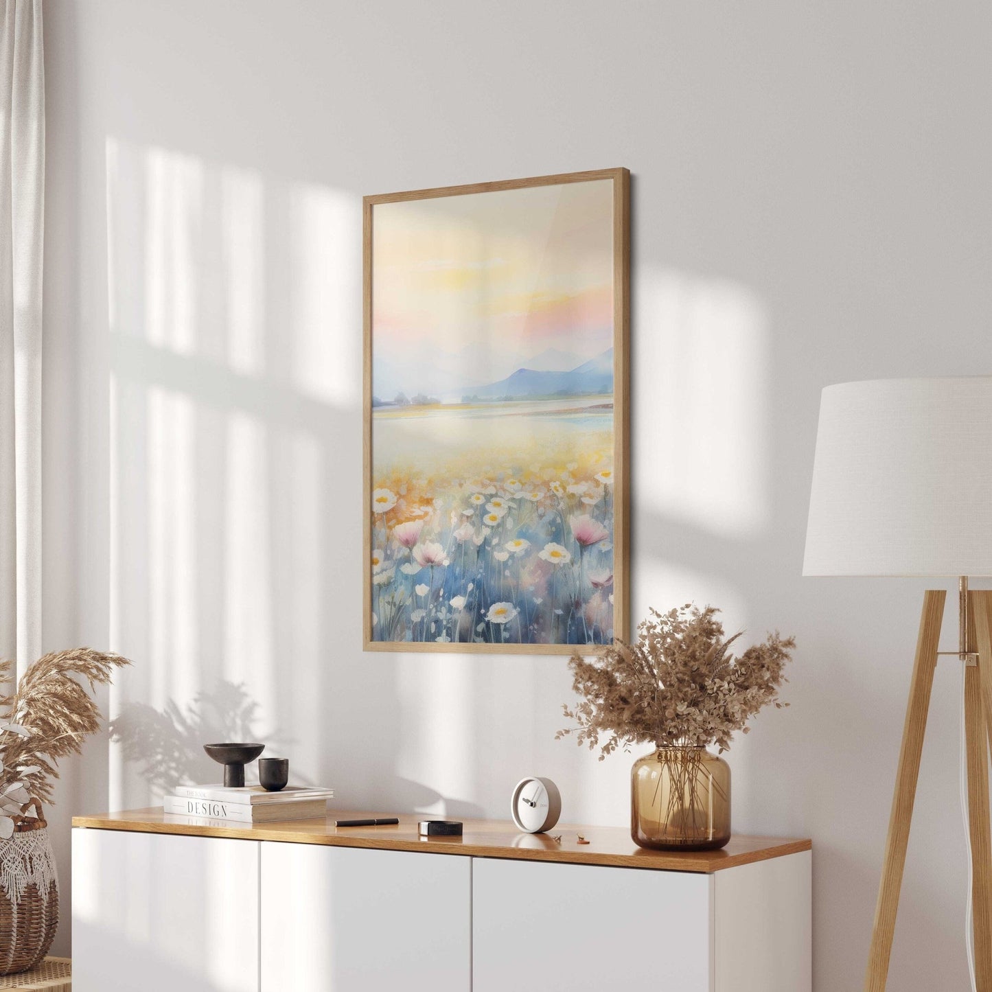 Tranquil Daisy Field Print, Watercolor Vintage Landscape, Muted Colors - WildfieldPrints