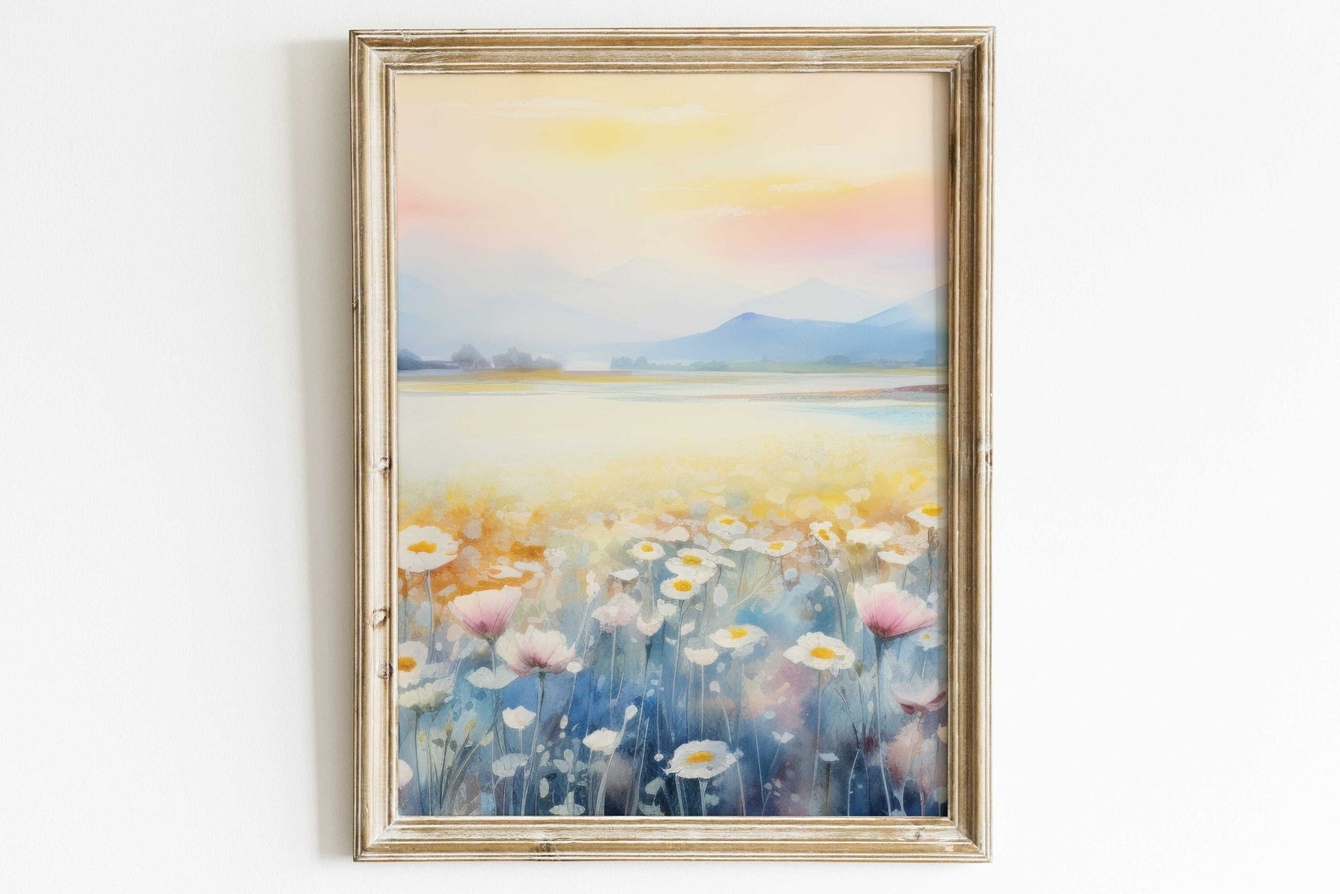 Tranquil Daisy Field Print, Watercolor Vintage Landscape, Muted Colors - WildfieldPrints