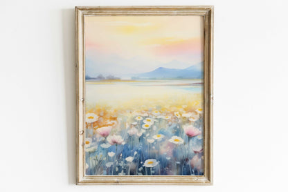 Tranquil Daisy Field Print, Watercolor Vintage Landscape, Muted Colors - WildfieldPrints