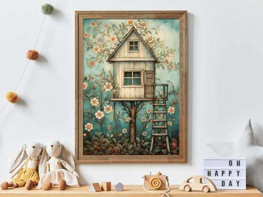 Treehouse Wall Art – Rustic Kids Room Print