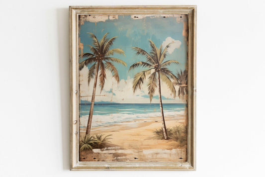 Tropical Beach Painting, Vintage Wall Art, Palm Tree Home Decor - WildfieldPrints