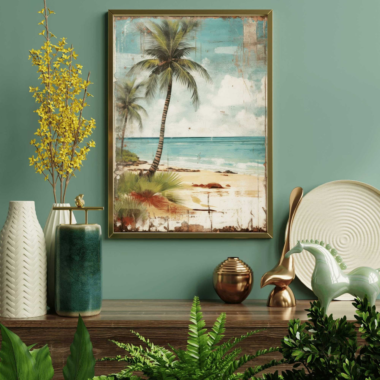 Vintage Palm Tree Wall Art – Coastal Living Room Print