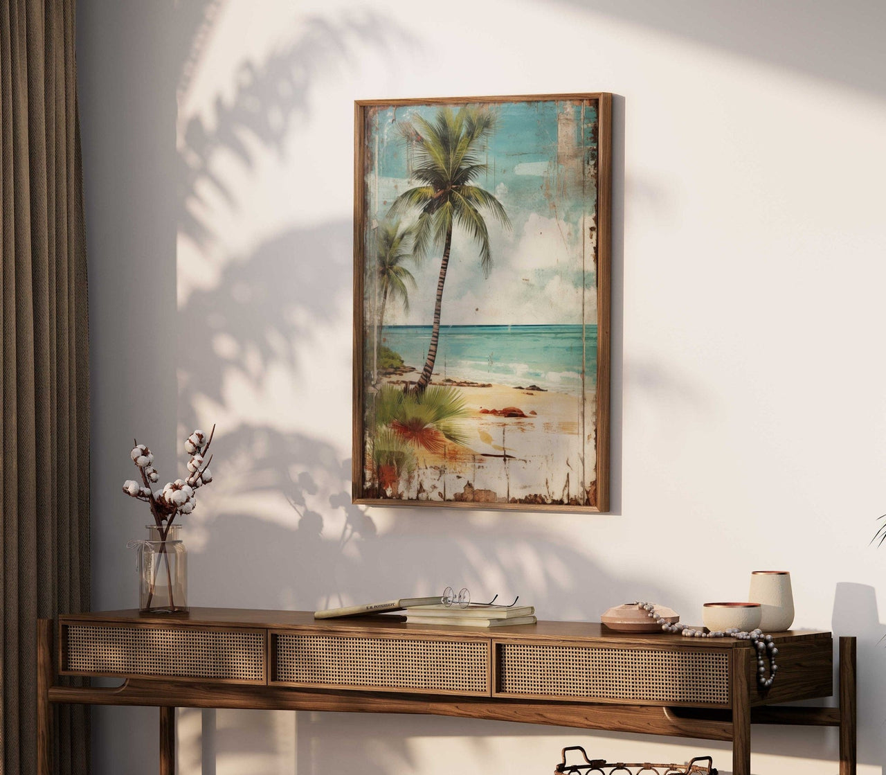 Vintage Palm Tree Wall Art – Coastal Living Room Print