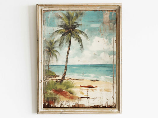 Tropical Beach Print, Vintage Palm Tree Art, Rustic Coastal Decor - WildfieldPrints
