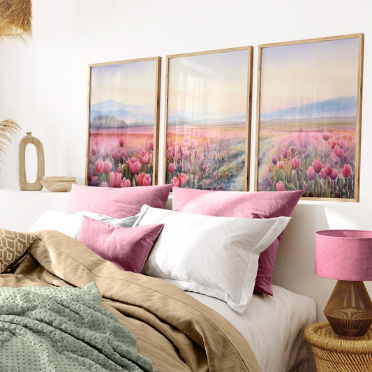 Tulip Field Art Triptych, Mountain Sunset & Blooming Flowers Decor - WildfieldPrints