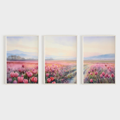 Tulip Field Art Triptych, Mountain Sunset & Blooming Flowers Decor - WildfieldPrints