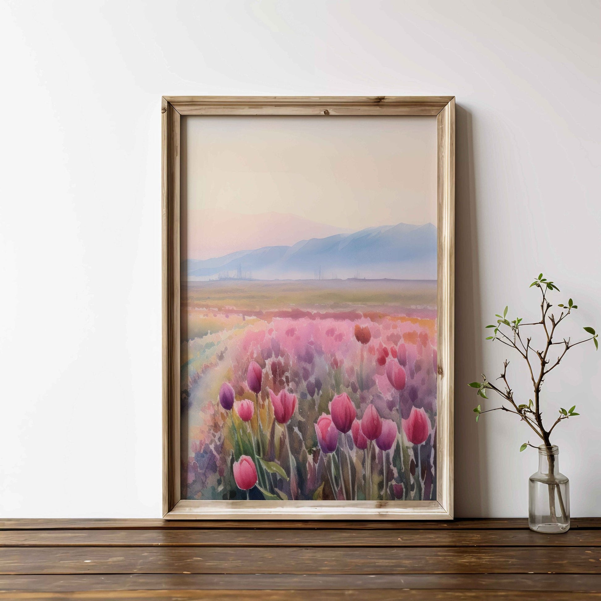 Tulip Painting, Pink Flower Wall Art, Floral Landscape Decor - WildfieldPrints
