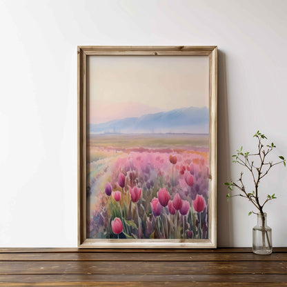 Tulip Painting, Pink Flower Wall Art, Floral Landscape Decor - WildfieldPrints