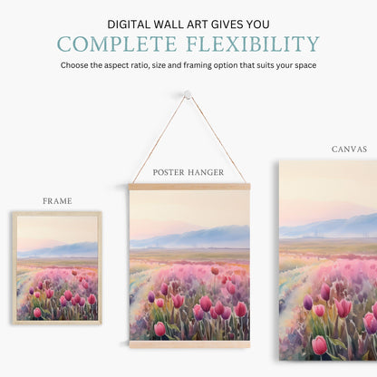 Tulip Painting, Pink Flower Wall Art, Floral Landscape Decor - WildfieldPrints