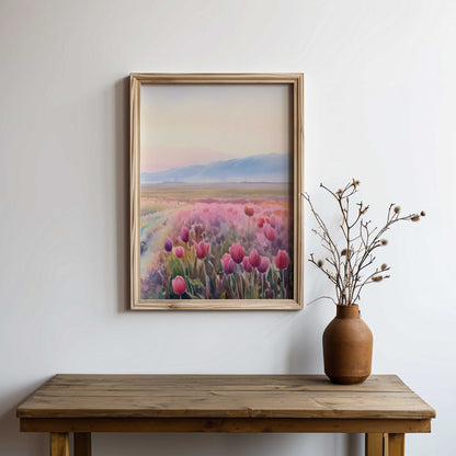 Tulip Painting, Pink Flower Wall Art, Floral Landscape Decor - WildfieldPrints