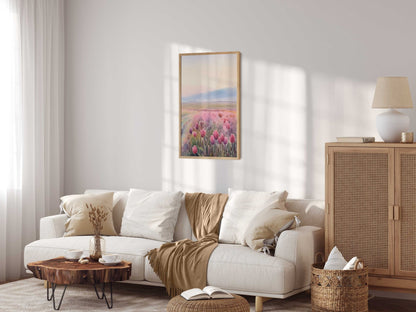Tulip Painting, Pink Flower Wall Art, Floral Landscape Decor - WildfieldPrints