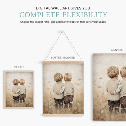 Twin Brothers Wall Art, Rustic Boys Room Decor, Whimsical Prints - WildfieldPrints
