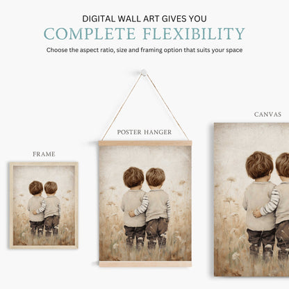 Twin Brothers Wall Art, Rustic Boys Room Decor, Whimsical Prints - WildfieldPrints