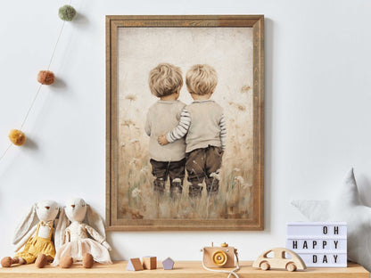 Twin Brothers Wall Art, Rustic Boys Room Decor, Whimsical Prints - WildfieldPrints