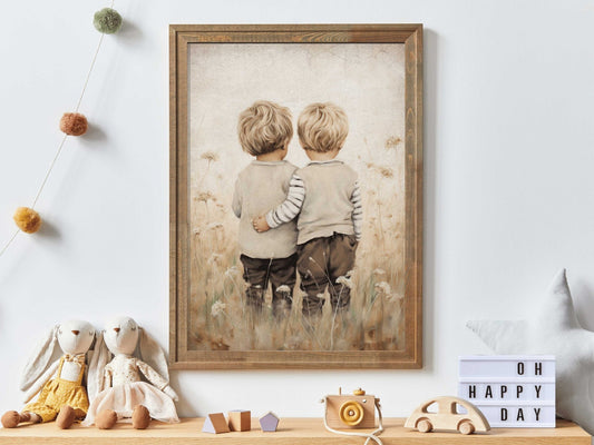 Twin Brothers Wall Art, Rustic Boys Room Decor, Whimsical Prints - WildfieldPrints