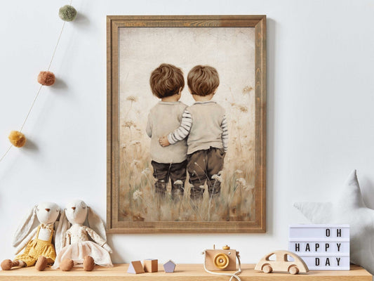 Twin Brothers Wall Art, Rustic Boys Room Decor, Whimsical Prints - WildfieldPrints