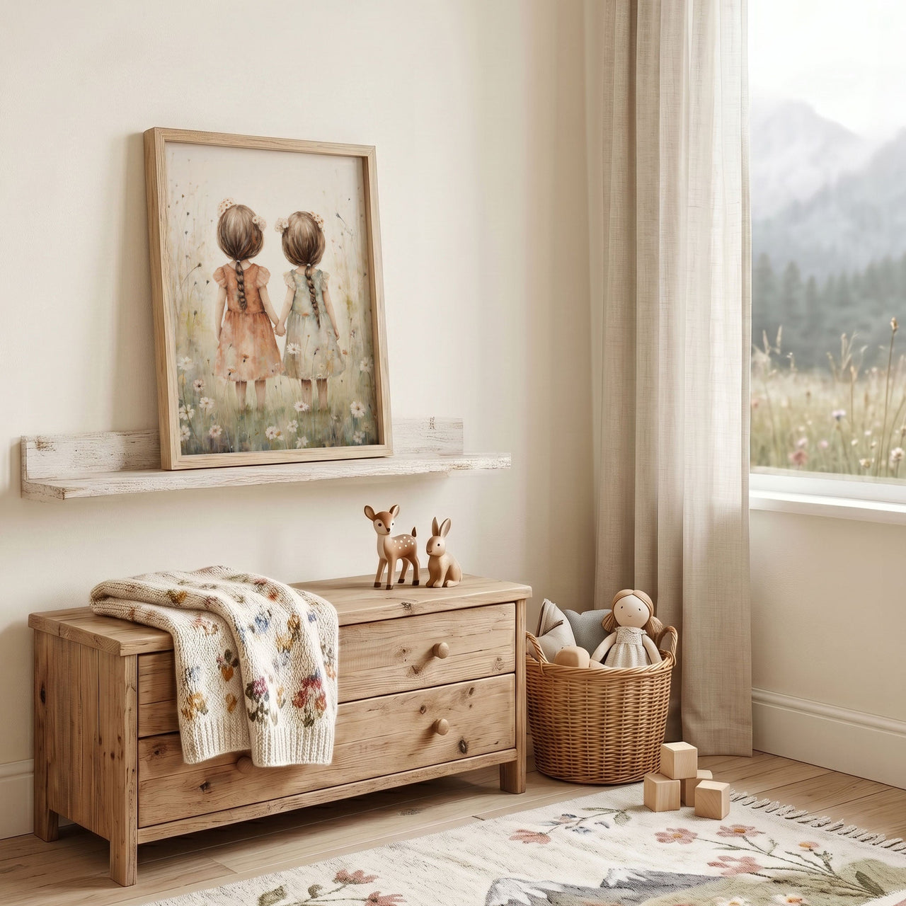 Twin Sisters Wall Art – Floral Friendship Nursery Print