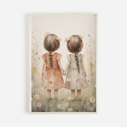 Twin Sisters Wall Art, Vintage Floral Decor, Friendship Room Print - WildfieldPrints