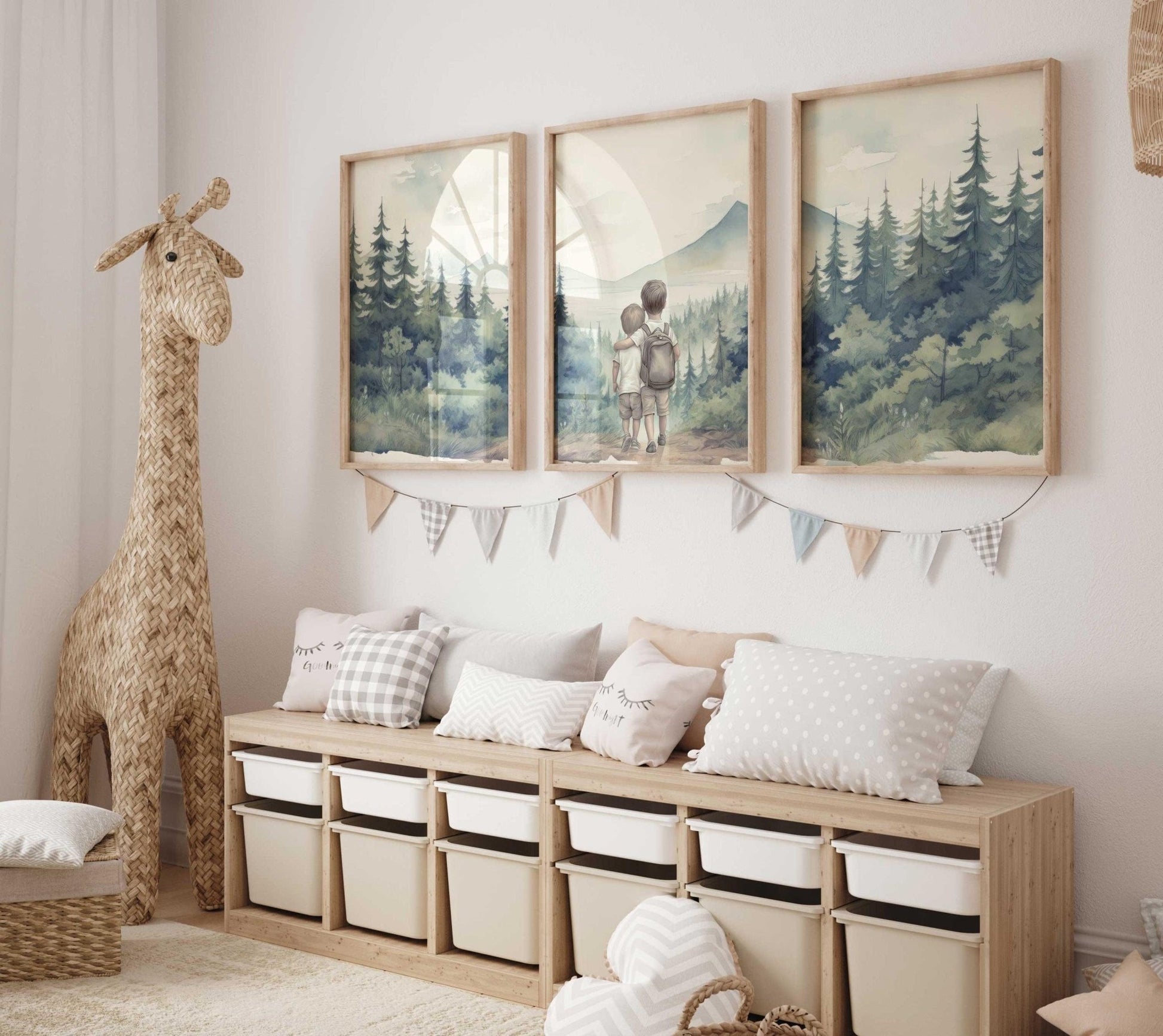 Two Young Brothers Print, Siblings Hiking Adventure, Forest and Mountain Landscape, Nursery Room Decor, Brother Bedroom, Printable Wall Art - My Store