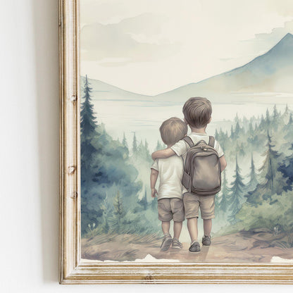 Two Young Brothers Print, Siblings Hiking Adventure, Forest and Mountain Landscape, Nursery Room Decor, Brother Bedroom, Printable Wall Art - My Store