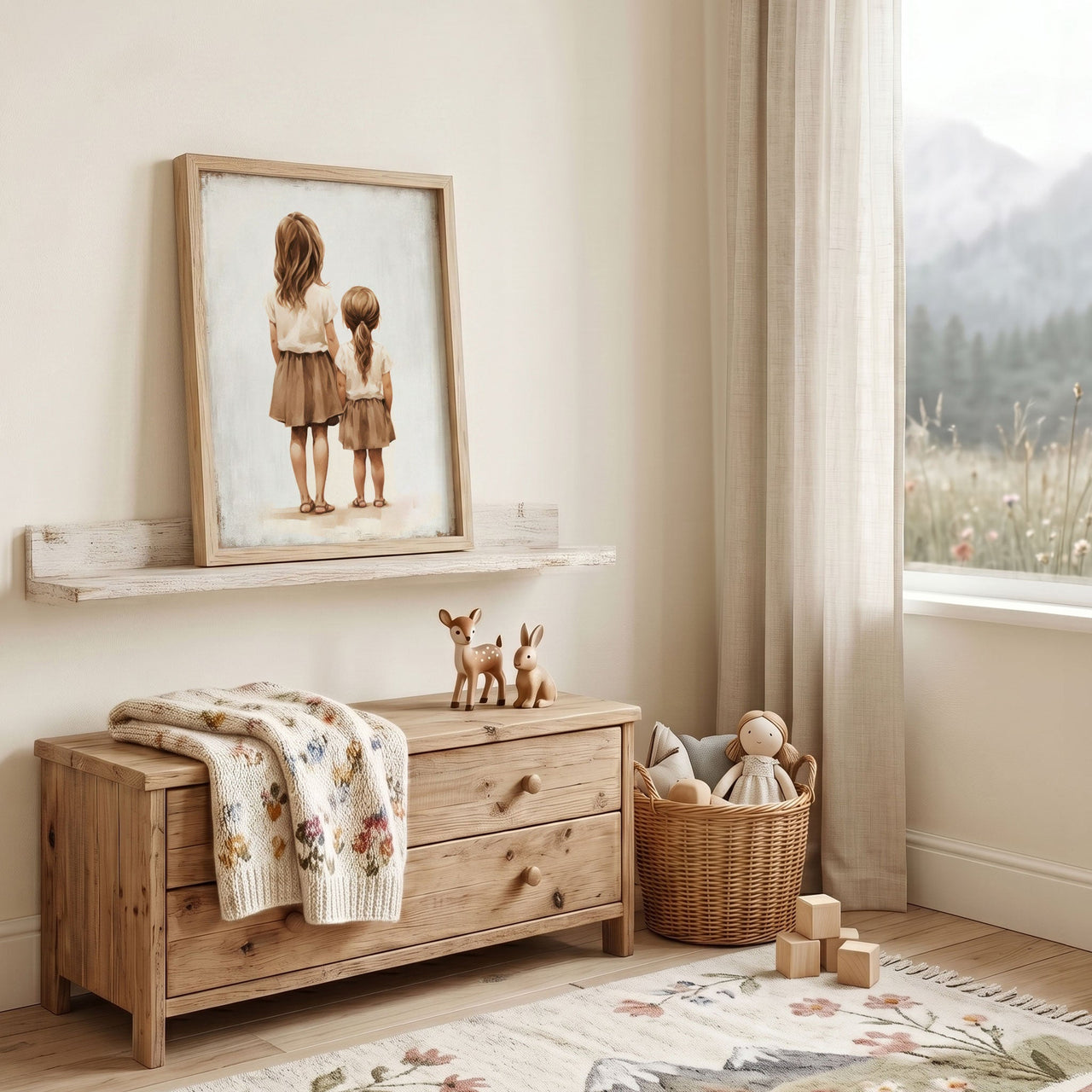 Two Young Sisters Wall Art – Family Shared Room Decor