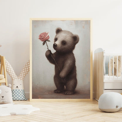 Vintage Baby Animal Wall Art - Brown Bear Cub with Pink Rose, Unique Nursery Decor - WildfieldPrints