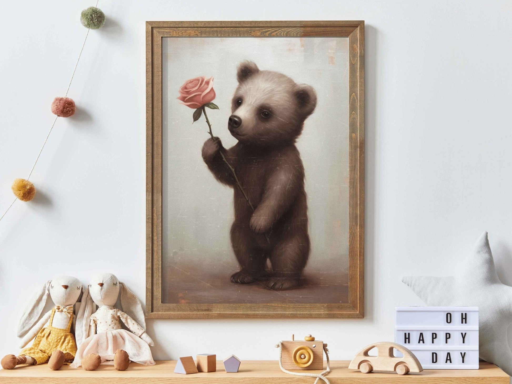 Vintage Baby Animal Wall Art - Brown Bear Cub with Pink Rose, Unique Nursery Decor - WildfieldPrints