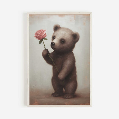 Vintage Baby Animal Wall Art - Brown Bear Cub with Pink Rose, Unique Nursery Decor - WildfieldPrints