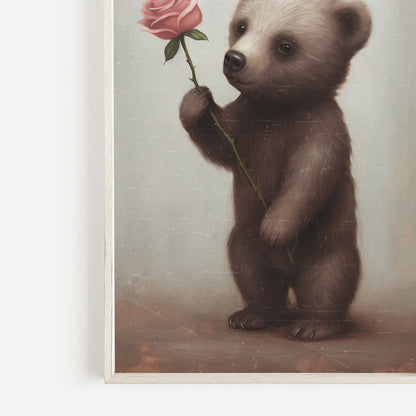 Vintage Baby Animal Wall Art - Brown Bear Cub with Pink Rose, Unique Nursery Decor - WildfieldPrints
