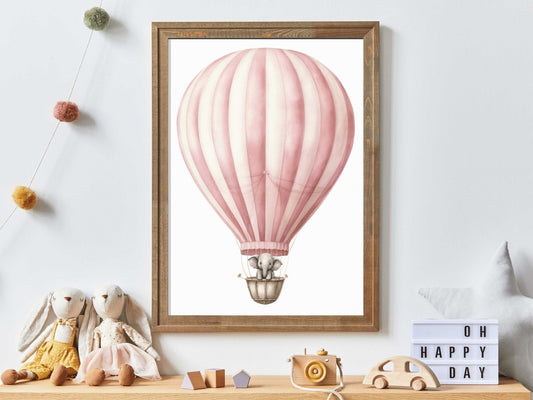 Vintage Baby Elephant Wall Art, Hot Air Balloon Nursery Decor - WildfieldPrints