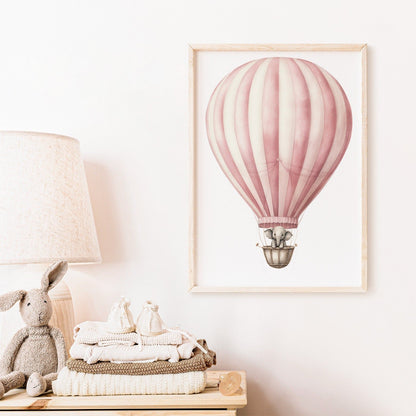 Vintage Baby Elephant Wall Art, Hot Air Balloon Nursery Decor - WildfieldPrints