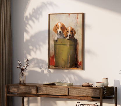 Vintage Beagle Puppy Wall Art, Rustic Dog Lovers Decor, Colorful Design - WildfieldPrints