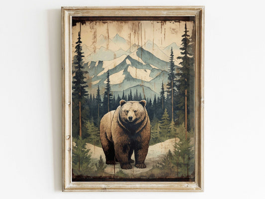 Vintage Bear Wall Art, Forest Animal Decor, Rustic Nature Artwork - WildfieldPrints