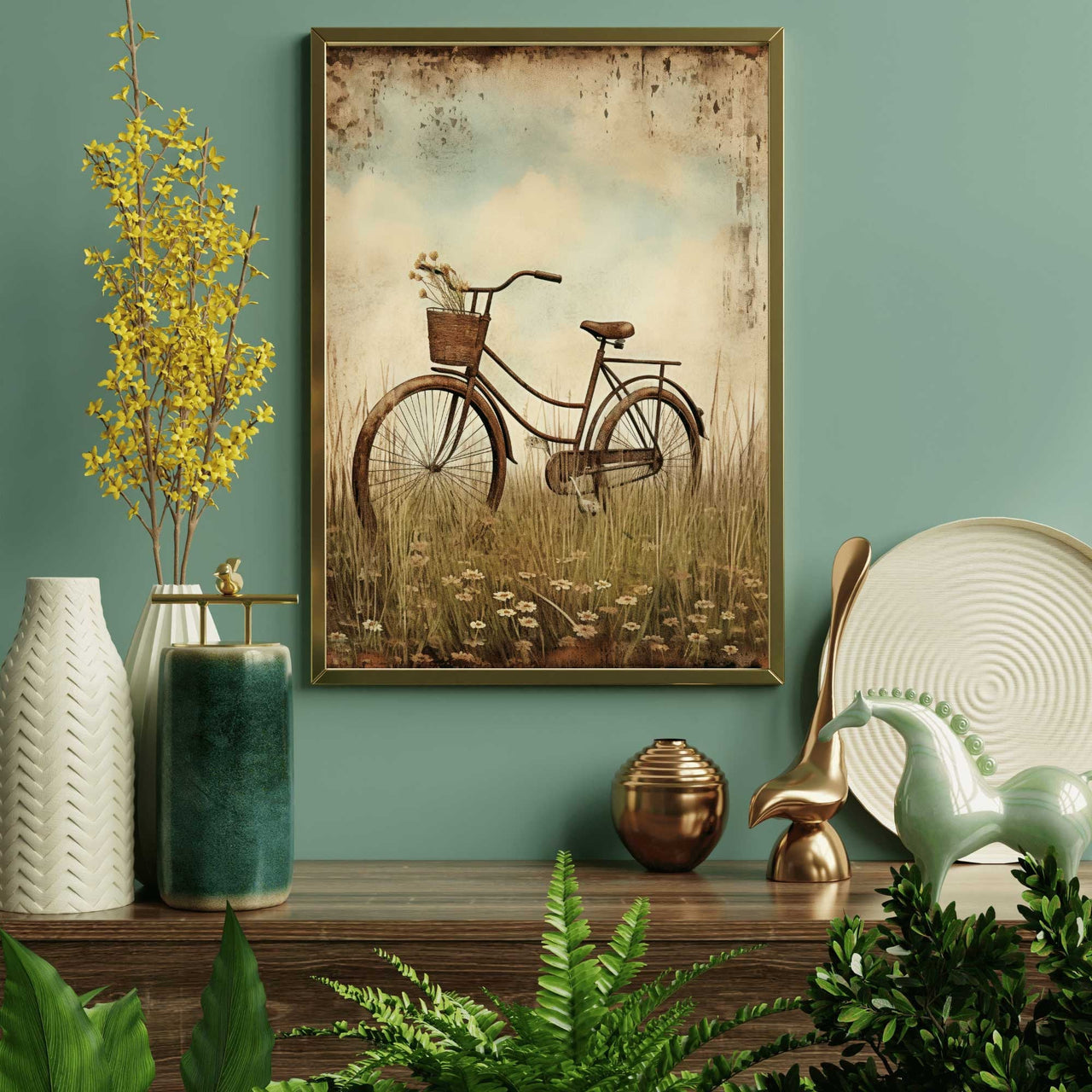 Vintage Bicycle Wall Art – Floral Living Room Print