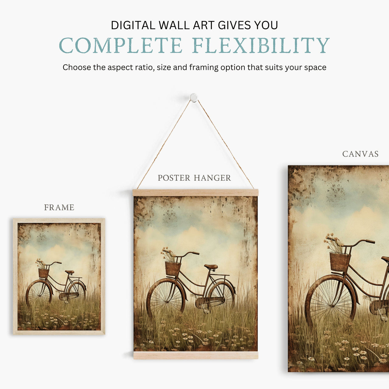 Vintage Bicycle Wall Art – Floral Living Room Print