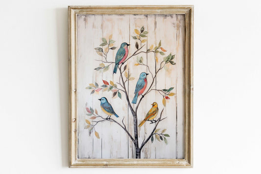 Vintage Birds Wall Art, Rustic Home Decor, Tree Print Design - WildfieldPrints