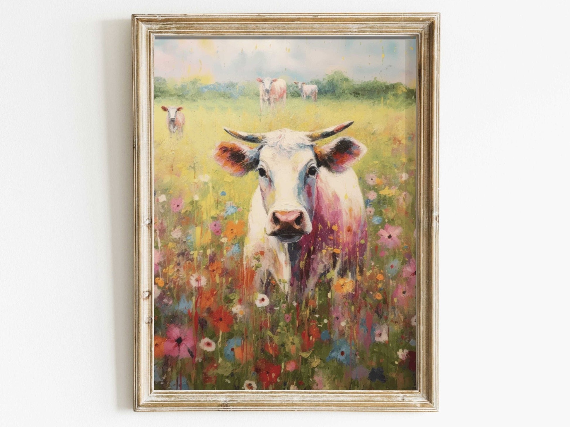 Vintage Bull Cow Painting, Rustic Country Home Decor, Farmhouse Wall Art - WildfieldPrints