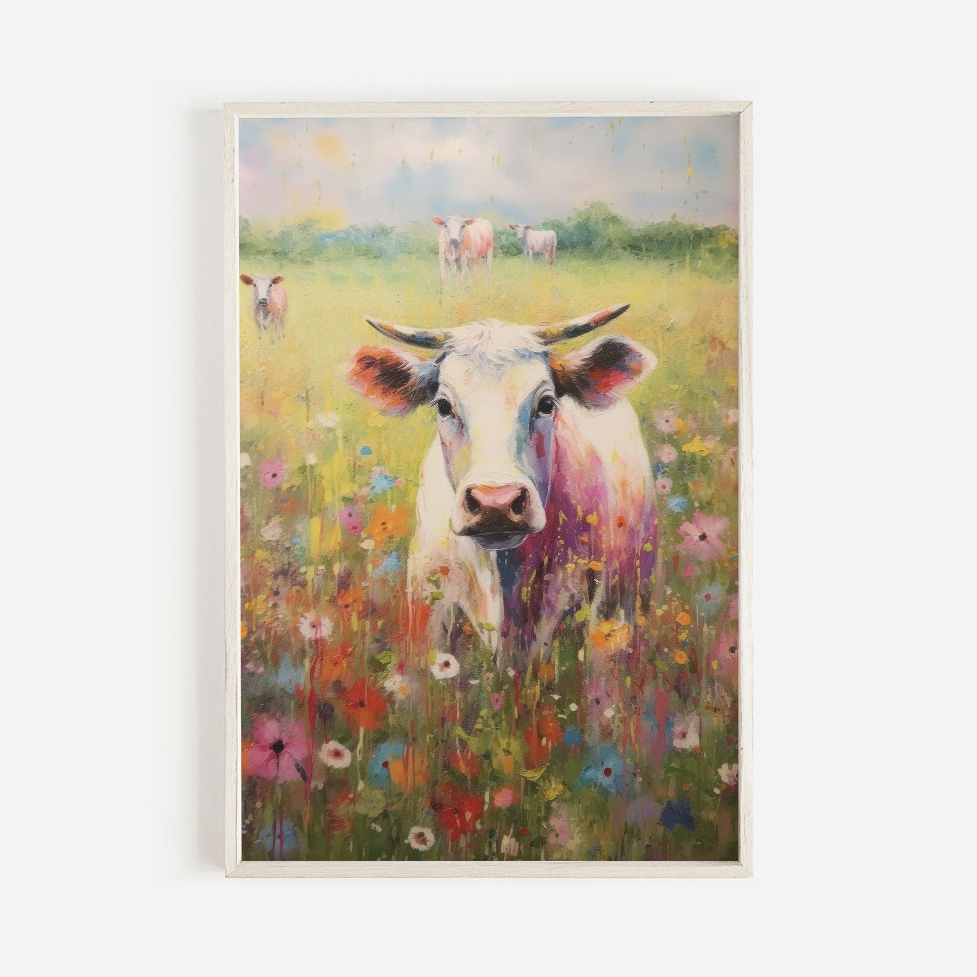 Vintage Bull Cow Painting, Rustic Country Home Decor, Farmhouse Wall Art - WildfieldPrints