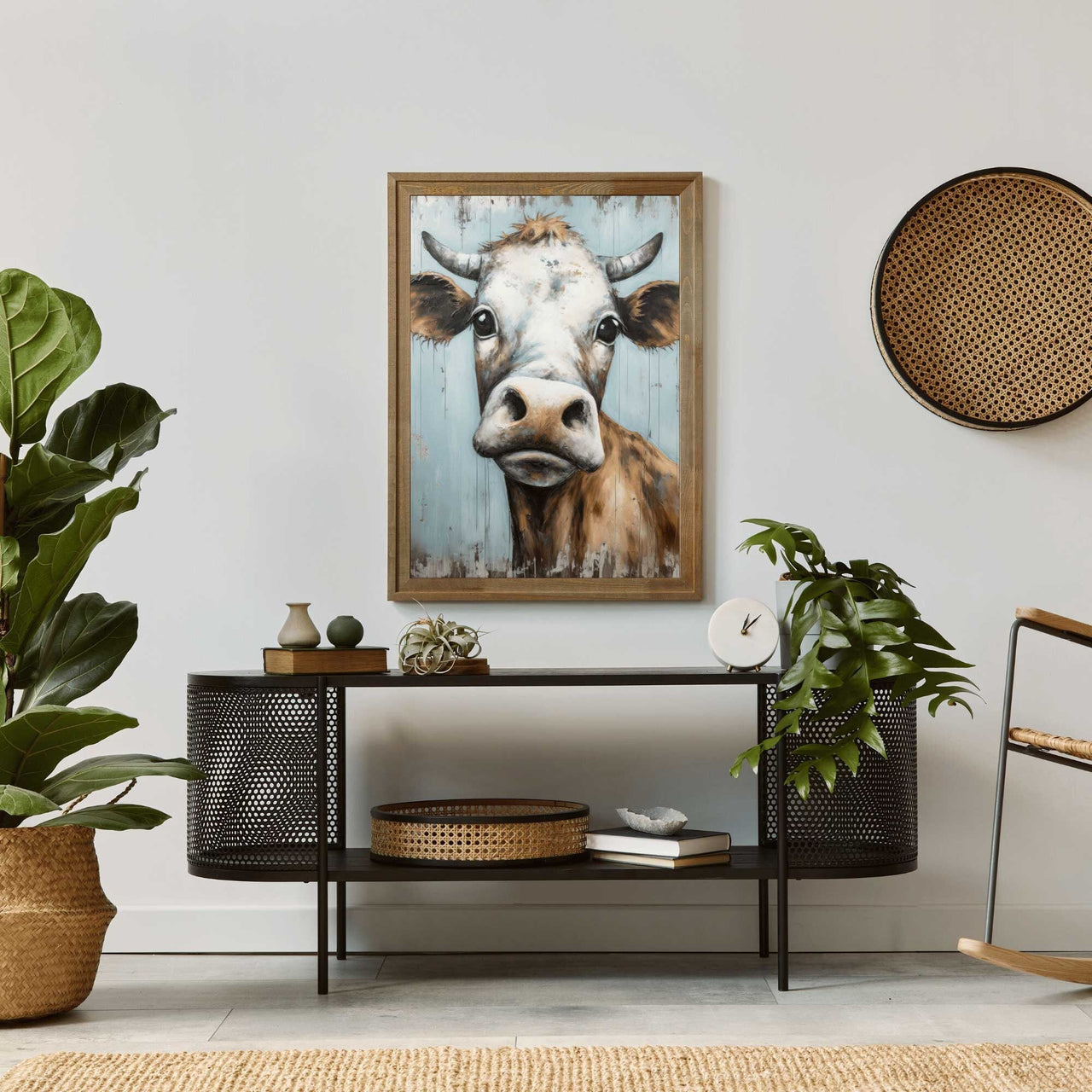 Whimsical Bull Wall Art – Farmhouse Living Room Print