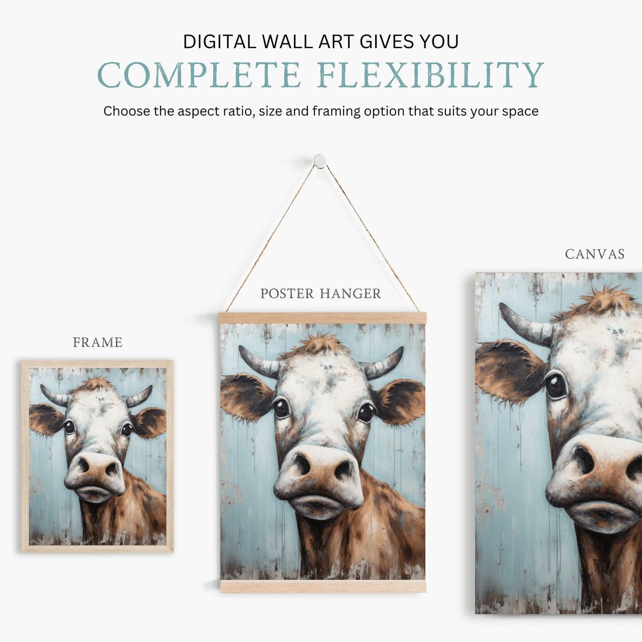 Whimsical Bull Wall Art – Farmhouse Living Room Print