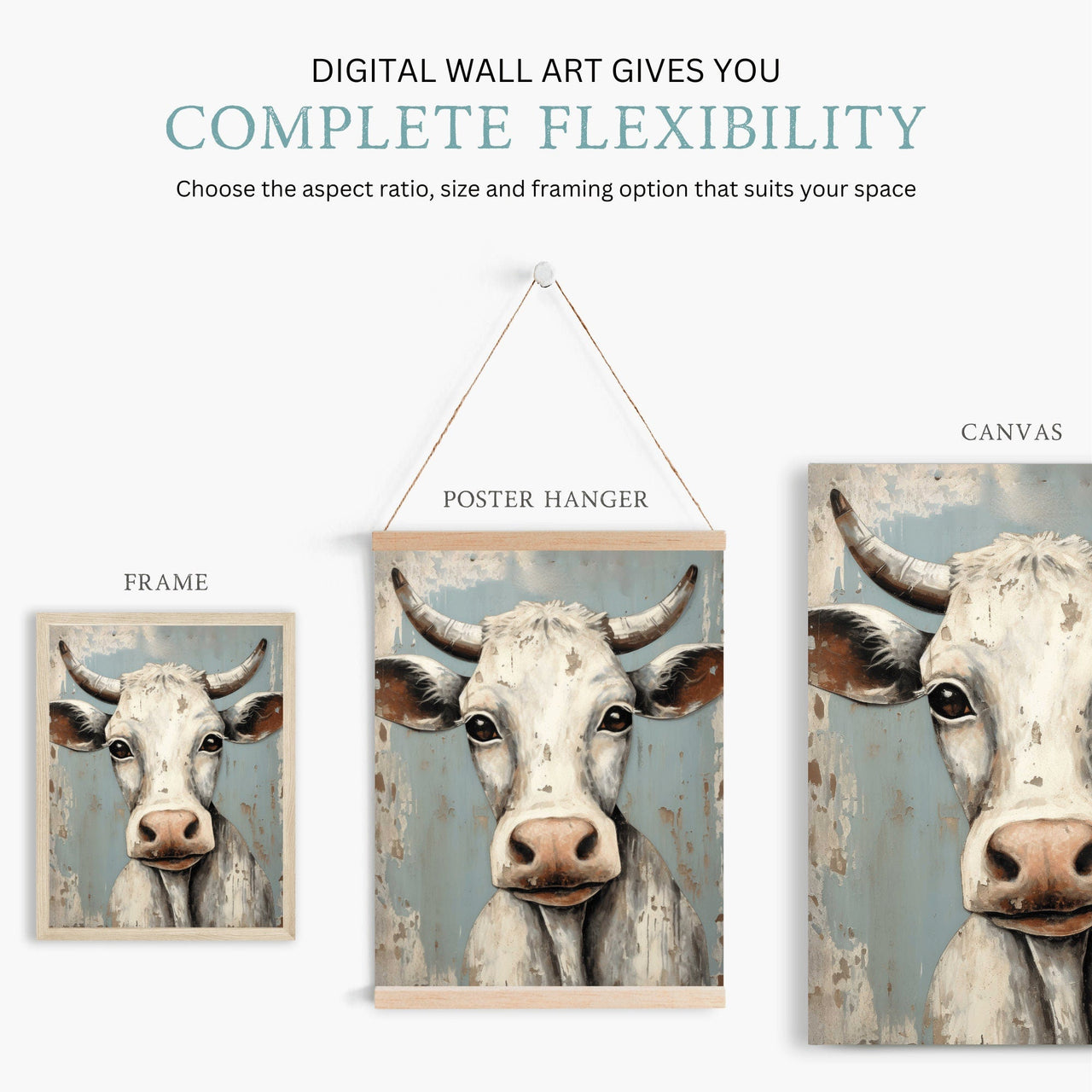 Whimsical Bull Wall Art – Farmhouse Living Room Print