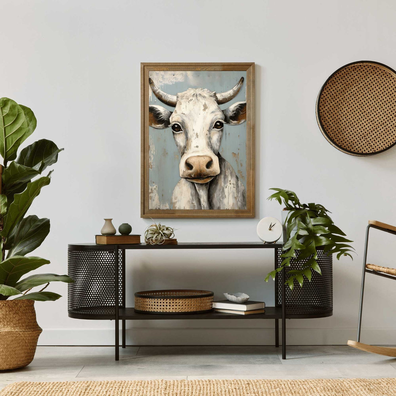 Whimsical Bull Wall Art – Farmhouse Living Room Print