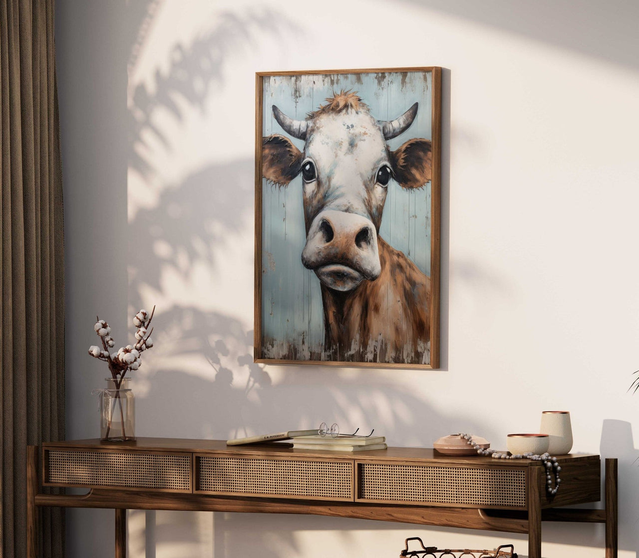 Whimsical Bull Wall Art – Farmhouse Living Room Print