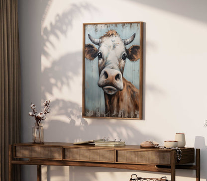 Vintage Bull Portrait, Whimsical Cow Wall Art, Rustic Farmhouse Decor - WildfieldPrints