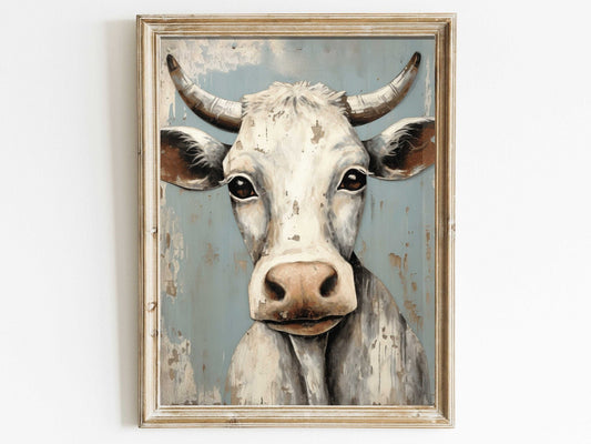 Vintage Bull Portrait, Whimsical Cow Wall Art, Rustic Farmhouse Decor - WildfieldPrints