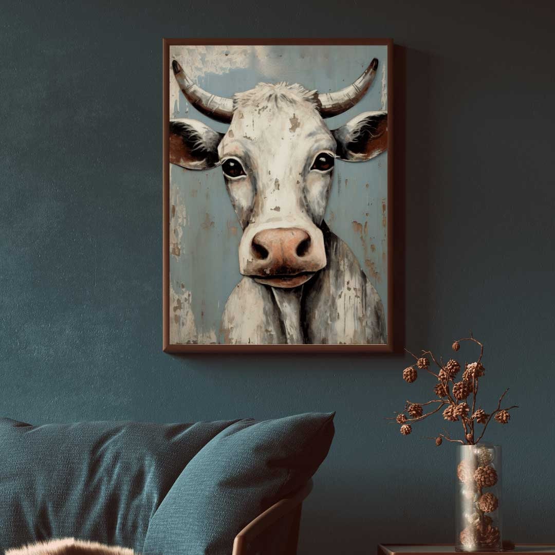 Whimsical Bull Wall Art – Farmhouse Living Room Print