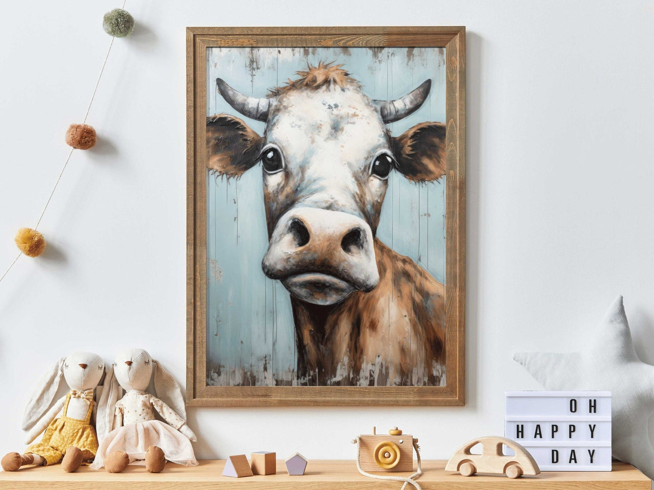 Whimsical Bull Wall Art – Farmhouse Living Room Print